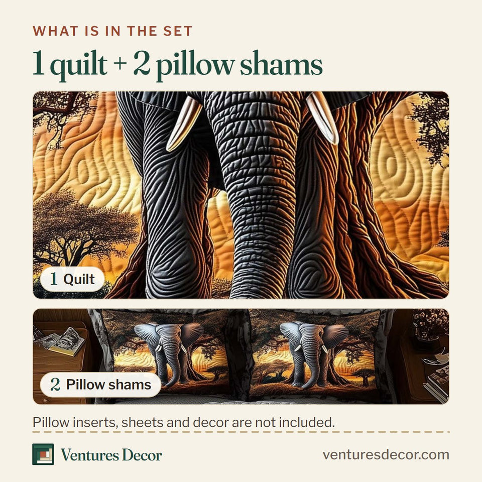 What is in the set: one quilt and two pillow shams, shown in the Elephant Golden Savanna Giant design