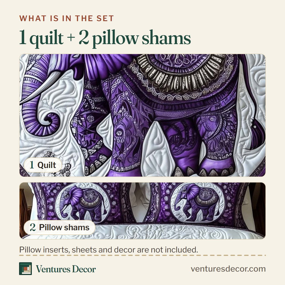 What is in the set: one quilt and two pillow shams, shown in the Elephant Harmony Side Profile Lace Circle design