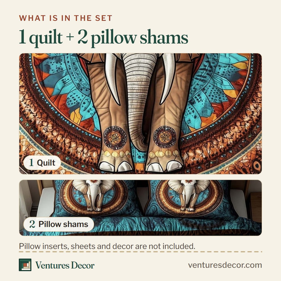 What is in the set: one quilt and two pillow shams, shown in the Elephant Harmony Teal and Rust Medallion design