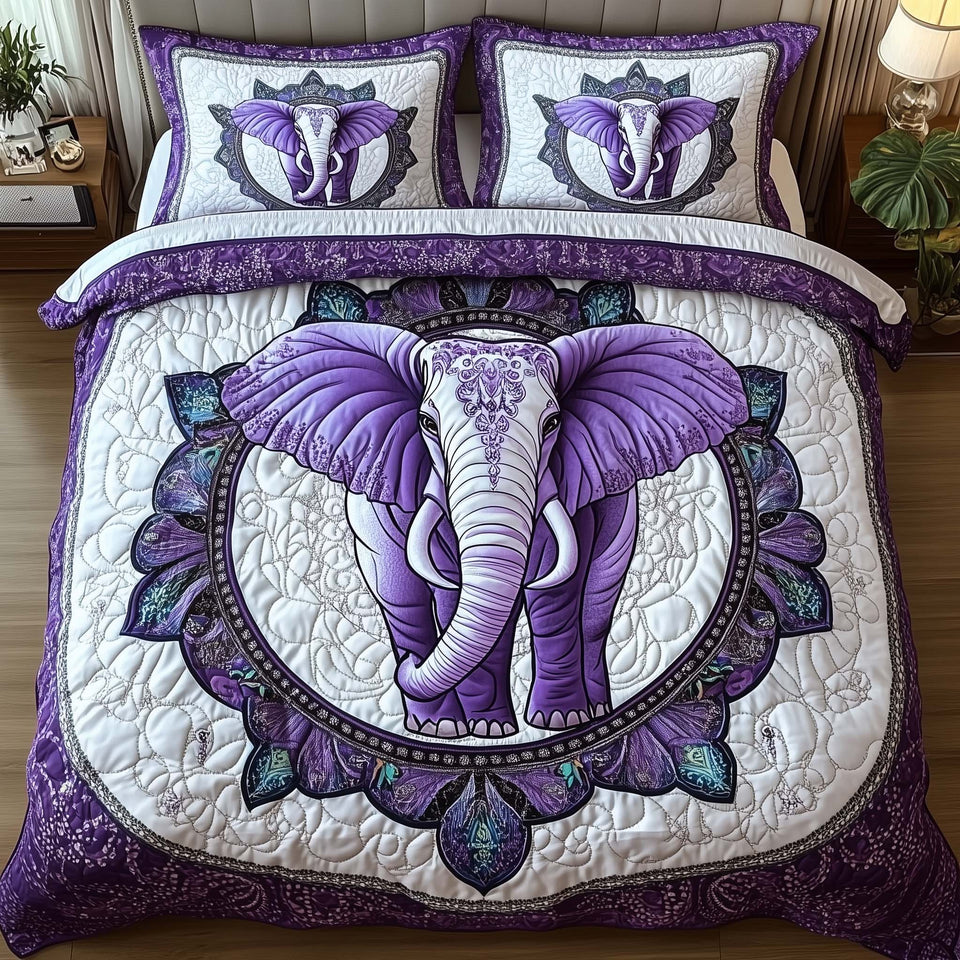 Elephant Harmony Violet Mandala on White quilted bedding set, quilt and two pillow shams on a made bed