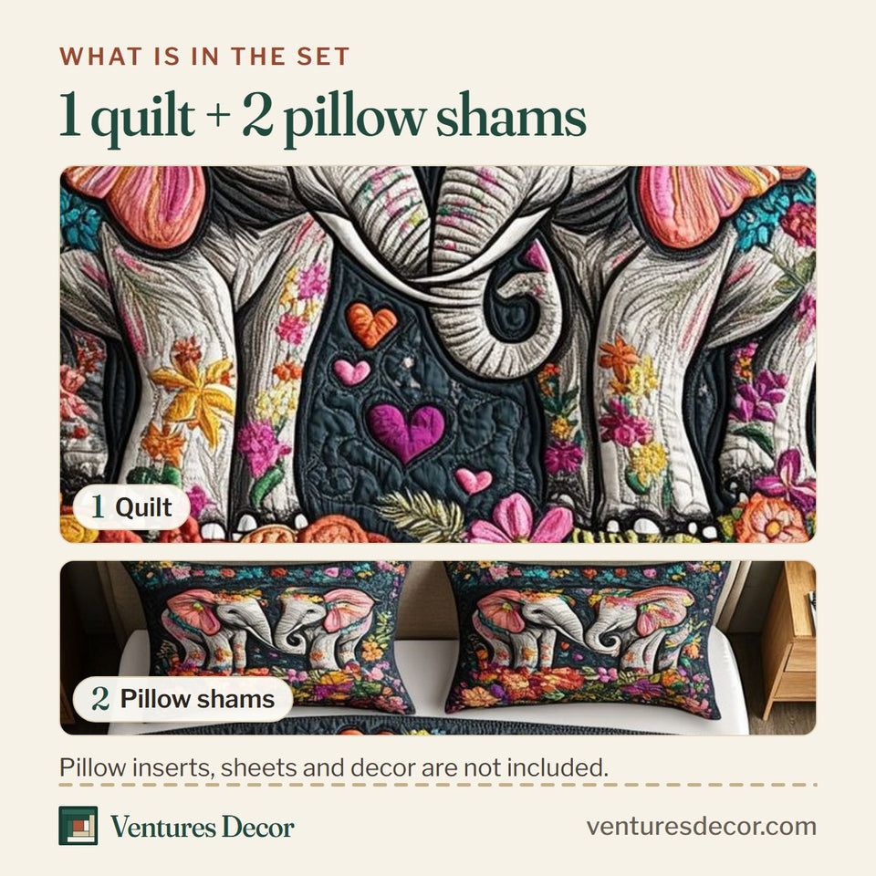 What is in the set: one quilt and two pillow shams, shown in the Elephant Trunk Twine design