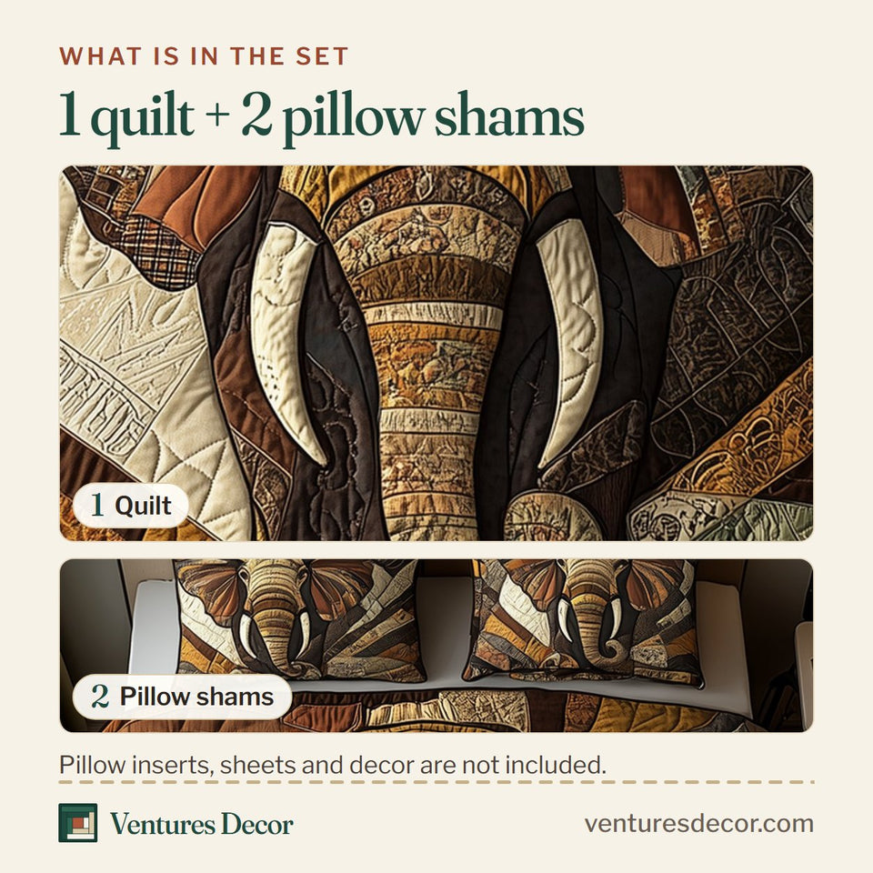 What is in the set: one quilt and two pillow shams, shown in the Elephant Whisper design