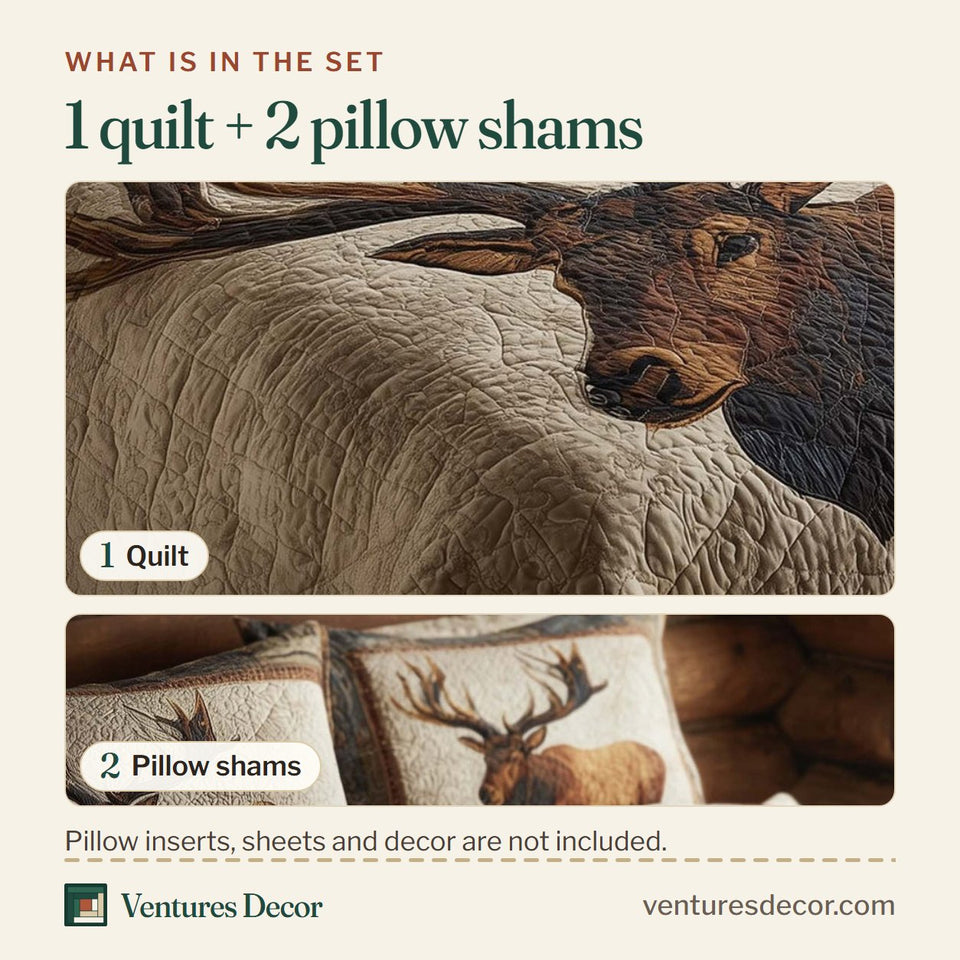 What is in the set: one quilt and two pillow shams, shown in the Elk Portrait design