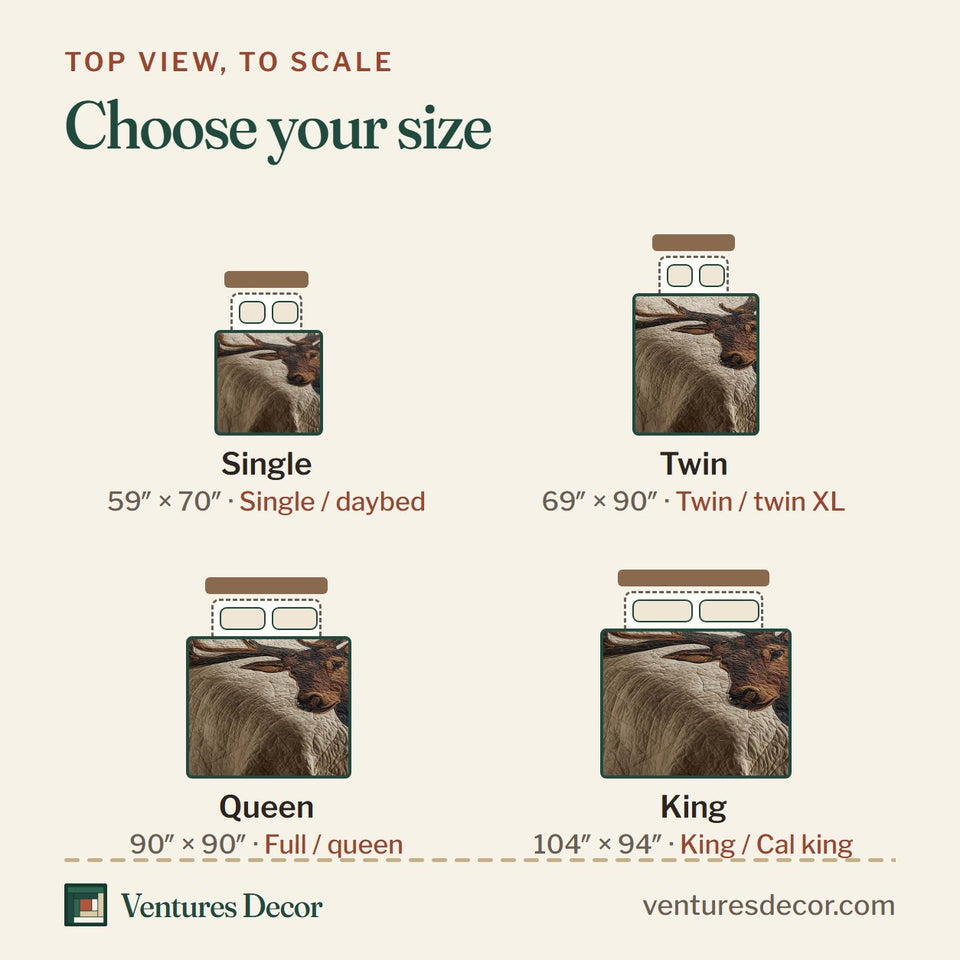 Size guide for the Elk Portrait quilt, top view to scale: Single 59 x 70 in, Twin 69 x 90 in, Queen 90 x 90 in, King 104 x 94 in