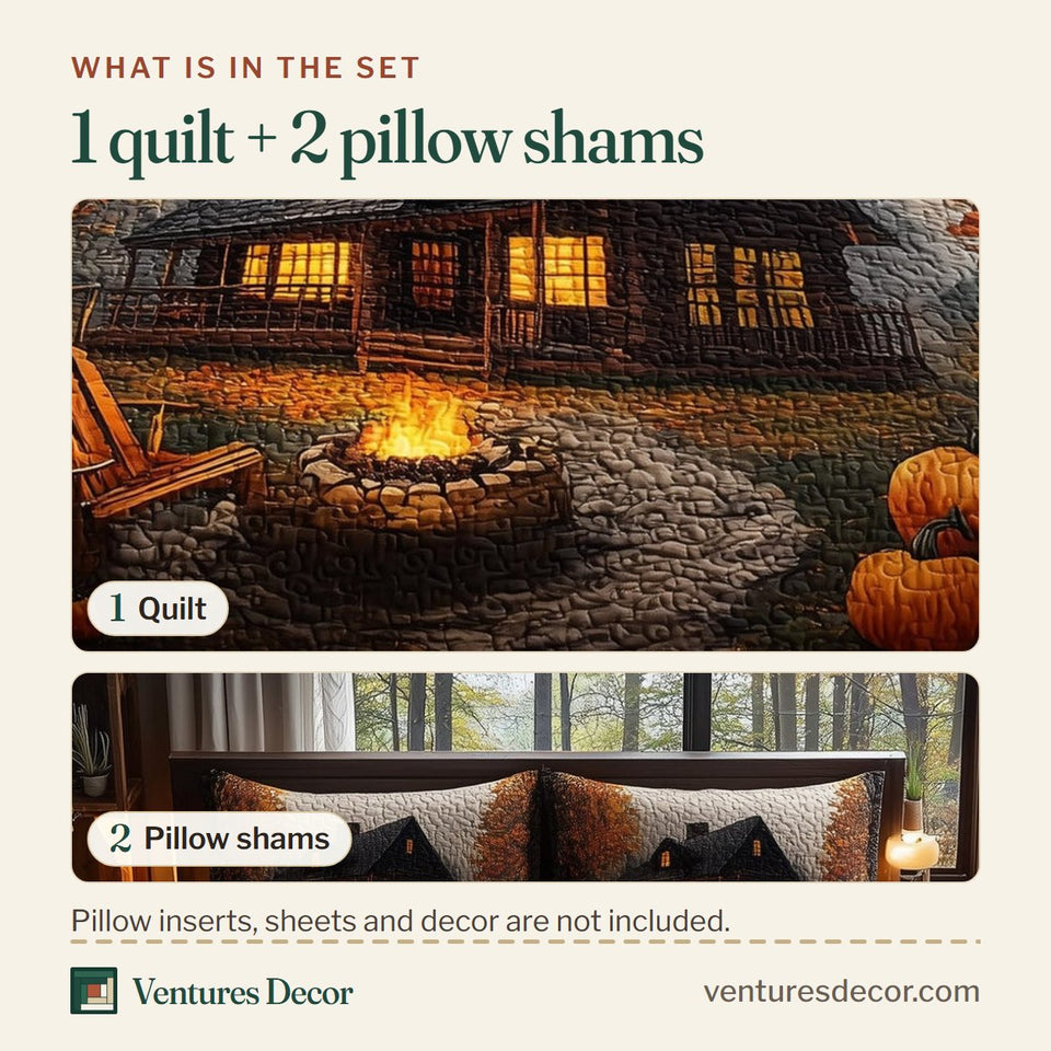 What is in the set: one quilt and two pillow shams, shown in the Ember Cabin October Night design