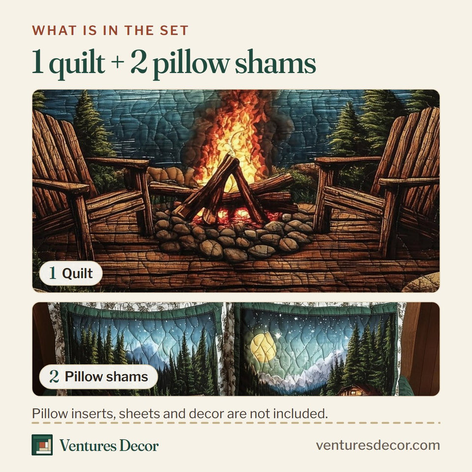 What is in the set: one quilt and two pillow shams, shown in the Ember Glow Mountain Lake design