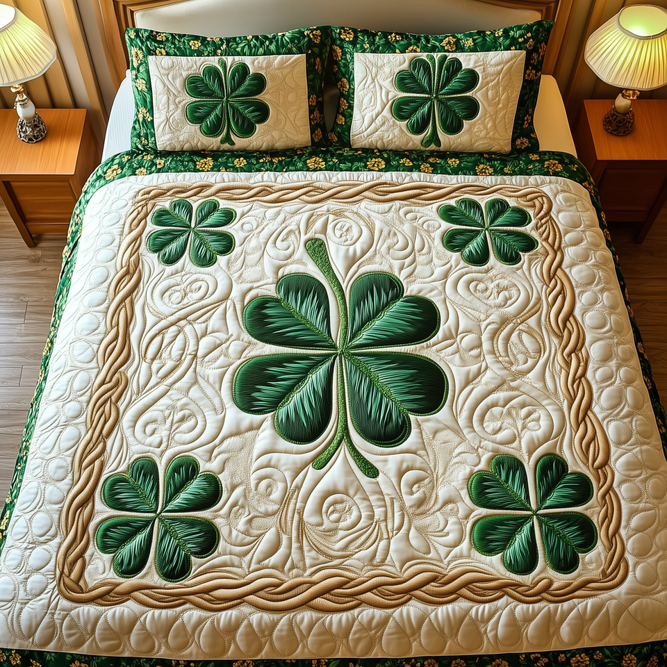 Emerald Clover Luck quilted bedding set, quilt and two pillow shams on a made bed