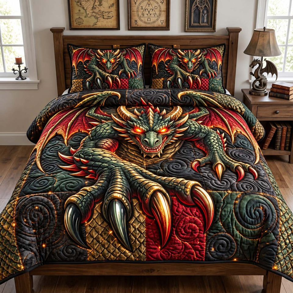 Emerald Dragon Fantasy Quilt quilted bedding set, quilt and two pillow shams on a made bed