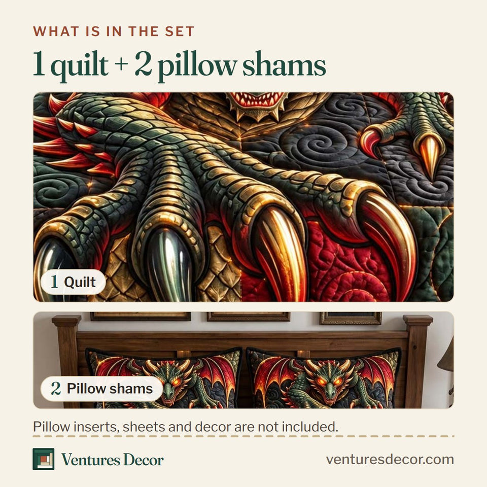 What is in the set: one quilt and two pillow shams, shown in the Emerald Dragon Fantasy Quilt Quilt Set, 3-Piece Quilted Bedding with 2 Pillow Shams design