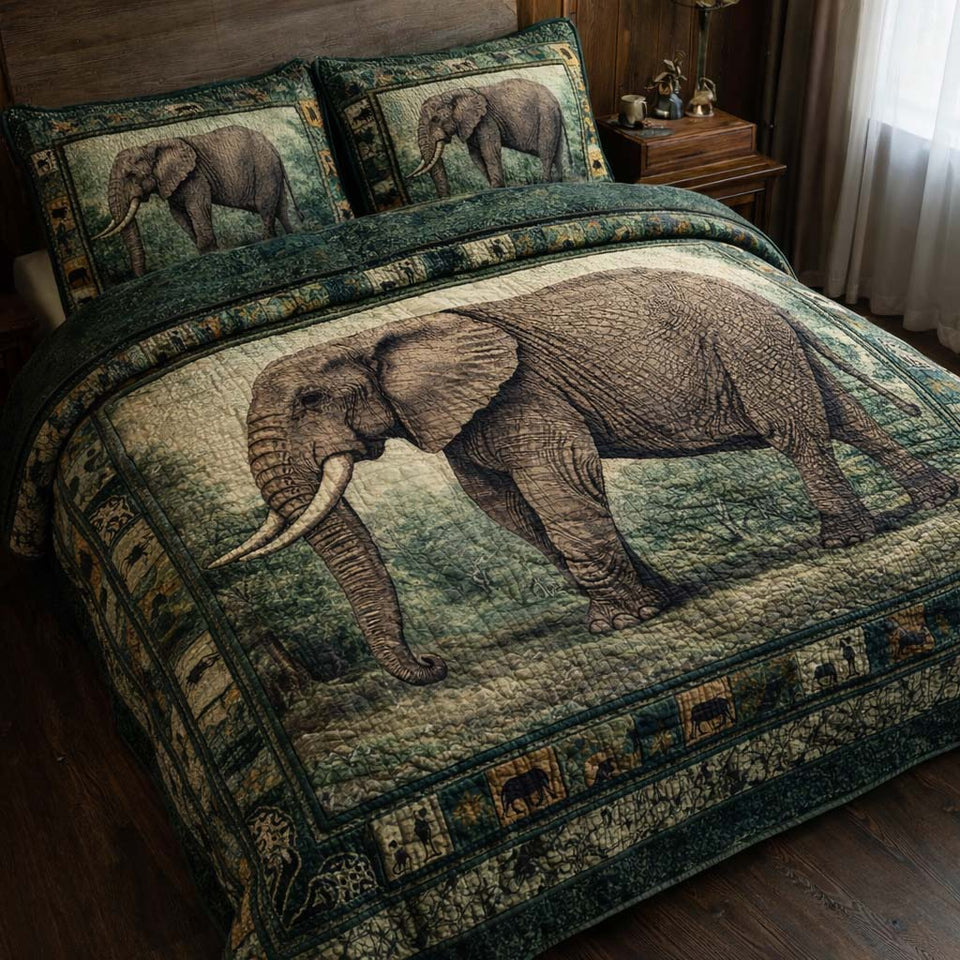 Emerald Elephant quilted bedding set, quilt and two pillow shams on a made bed