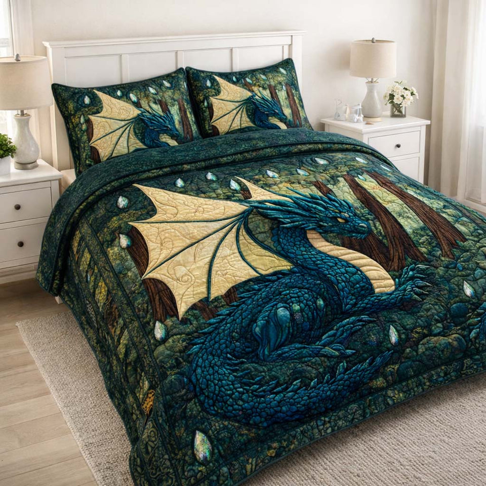 Emerald Forest Dragon quilted bedding set, quilt and two pillow shams on a made bed