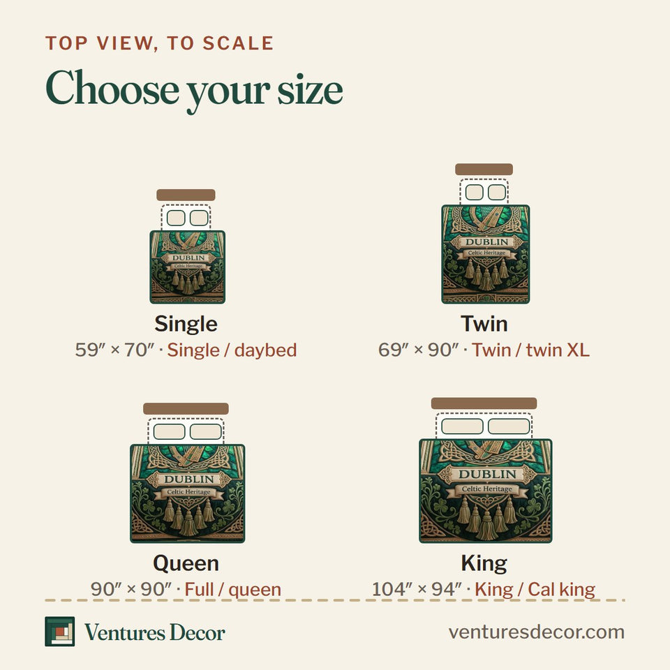 Size guide for the Emerald Isle quilt, top view to scale: Single 59 x 70 in, Twin 69 x 90 in, Queen 90 x 90 in, King 104 x 94 in