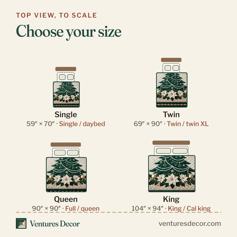 Size guide for the Emerald Pearl Christmas Tree quilt, top view to scale: Single 59 x 70 in, Twin 69 x 90 in, Queen 90 x 90 in, King 104 x 94 in