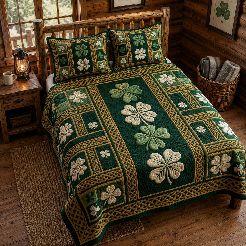 Emerald Shamrock Panels quilted bedding set, quilt and two pillow shams on a made bed