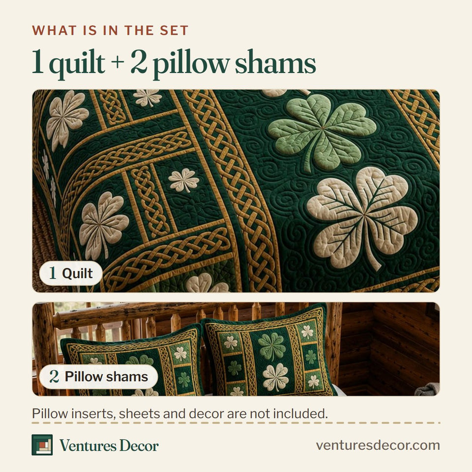 What is in the set: one quilt and two pillow shams, shown in the Emerald Shamrock Panels design