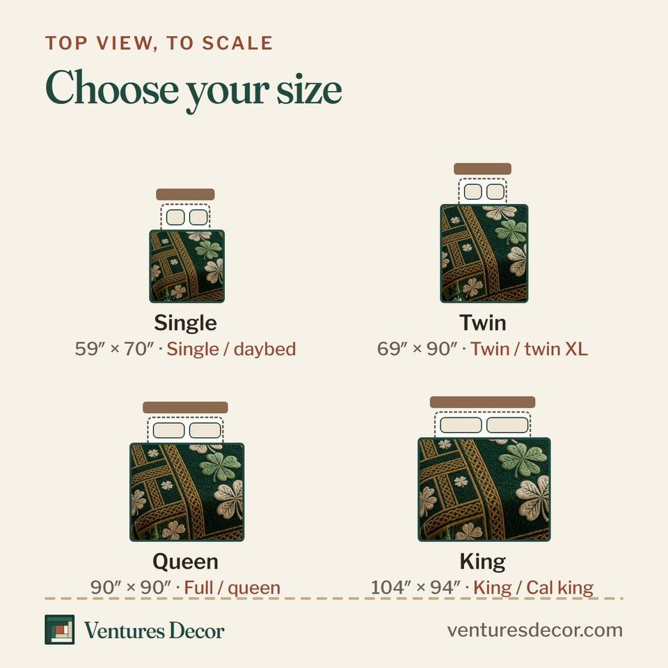 Size guide for the Emerald Shamrock Panels quilt, top view to scale: Single 59 x 70 in, Twin 69 x 90 in, Queen 90 x 90 in, King 104 x 94 in