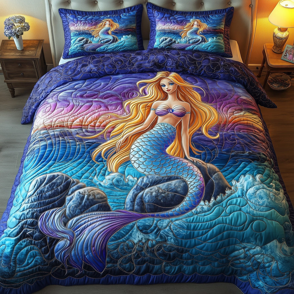 Enchanted Mermaid Golden Hair On Deep Blue Swells quilted bedding set, quilt and two pillow shams on a made bed