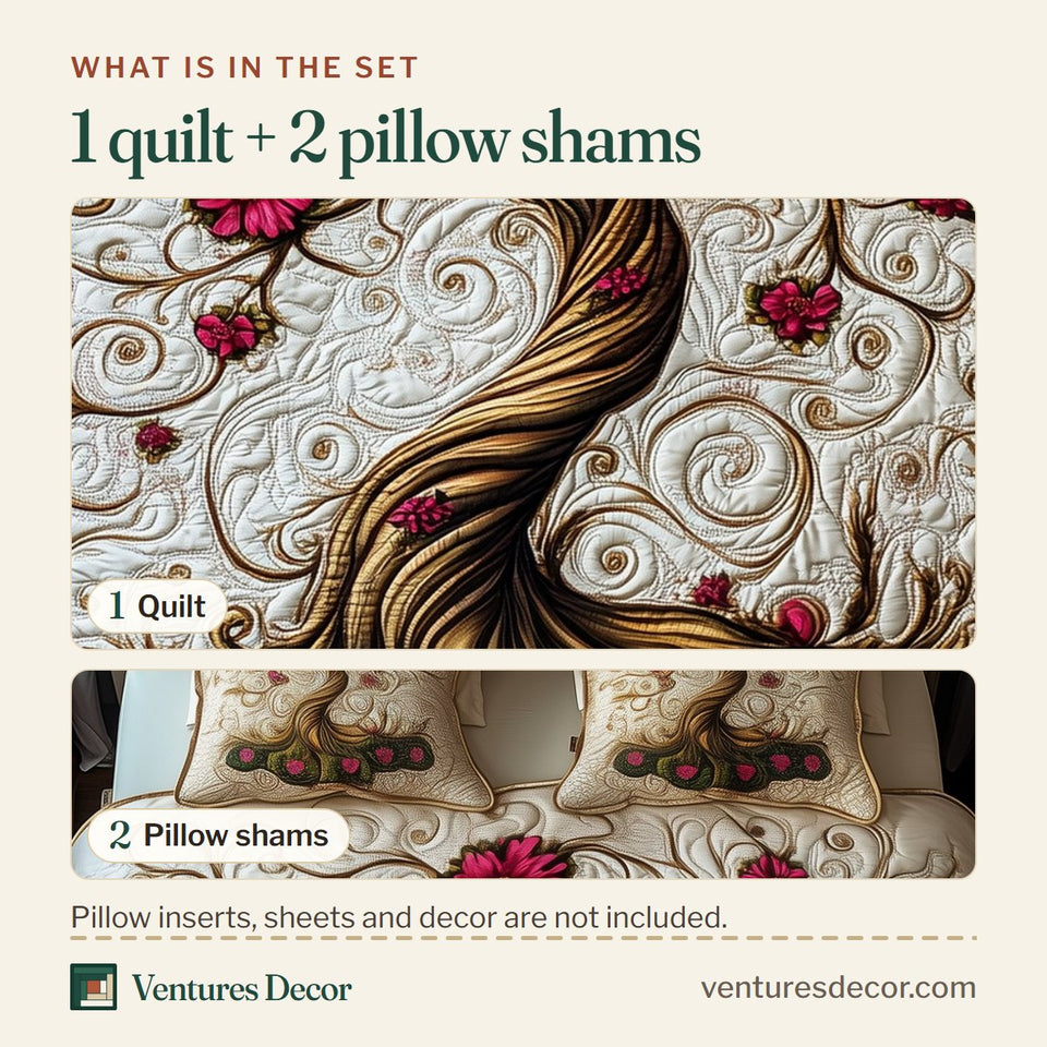 What is in the set: one quilt and two pillow shams, shown in the Eternal Beauty Tree design