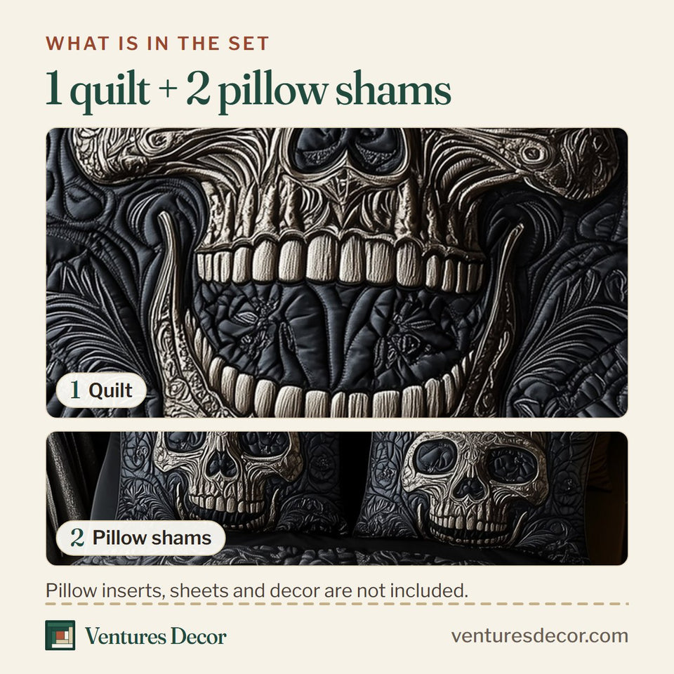 What is in the set: one quilt and two pillow shams, shown in the Eternal Skull Blossom design