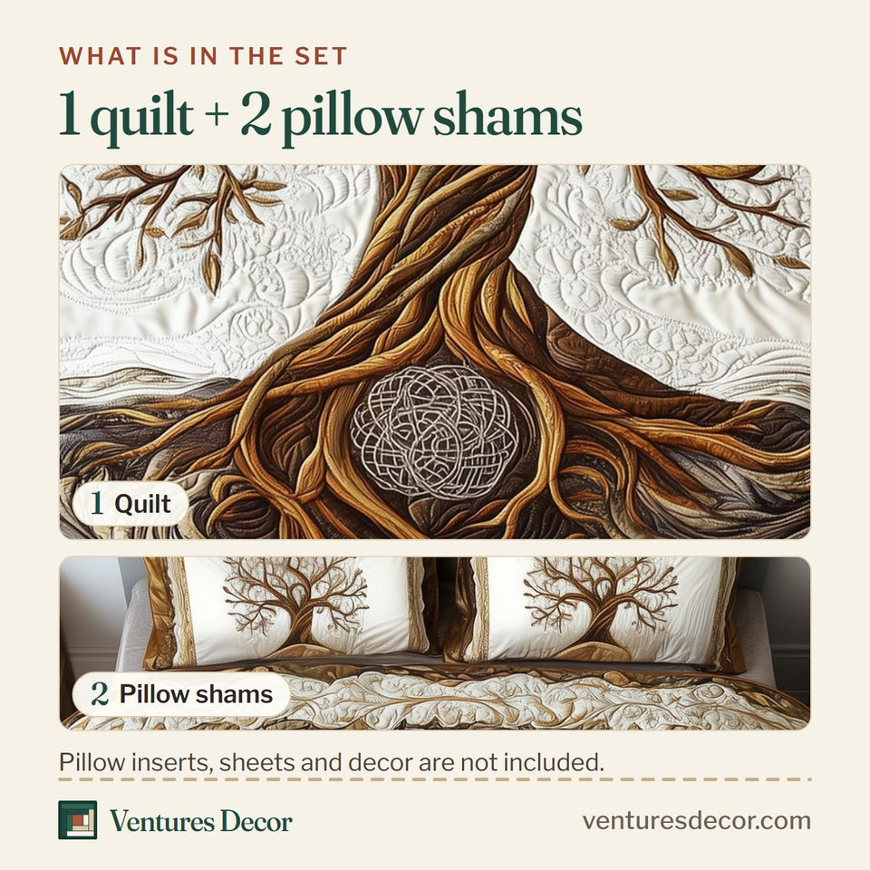 What is in the set: one quilt and two pillow shams, shown in the Eternal Tree Of Life Cream And Cocoa Roots design