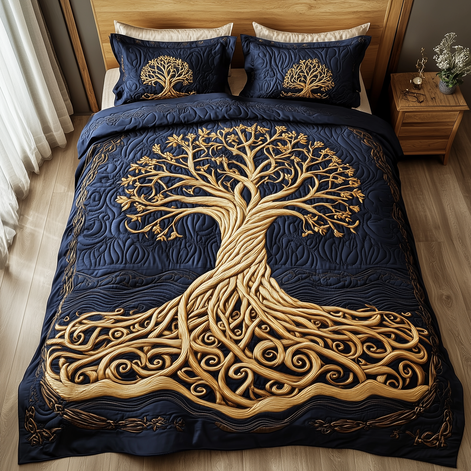 Eternal Tree Of Life Gold Oval Border quilted bedding set, quilt and two pillow shams on a made bed