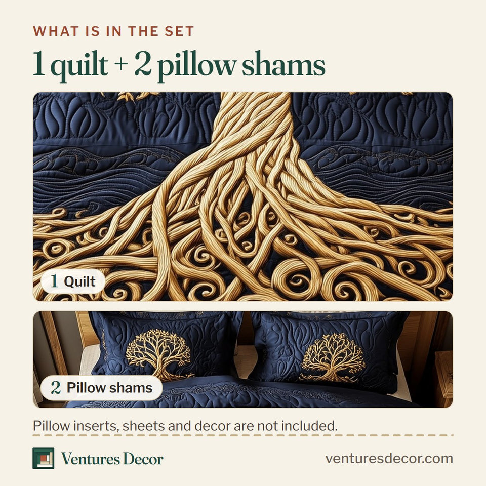 What is in the set: one quilt and two pillow shams, shown in the Eternal Tree Of Life Gold Oval Border design