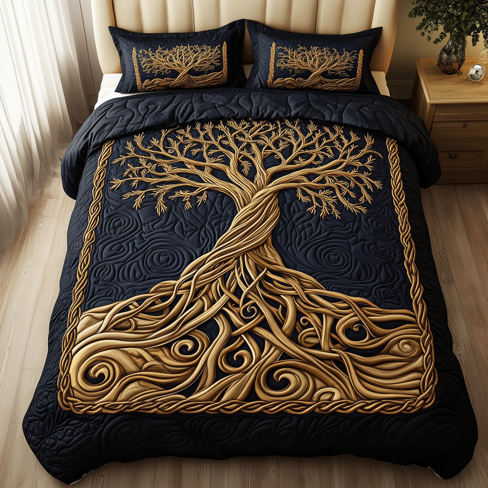 Eternal Tree Of Life Leaning Gold Swirl quilted bedding set, quilt and two pillow shams on a made bed