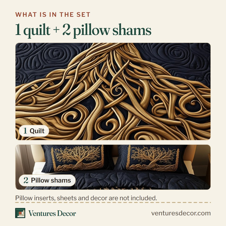 What is in the set: one quilt and two pillow shams, shown in the Eternal Tree Of Life Leaning Gold Swirl design