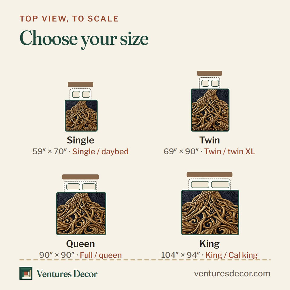 Size guide for the Eternal Tree Of Life Leaning Gold Swirl quilt, top view to scale: Single 59 x 70 in, Twin 69 x 90 in, Queen 90 x 90 in, King 104 x 94 in