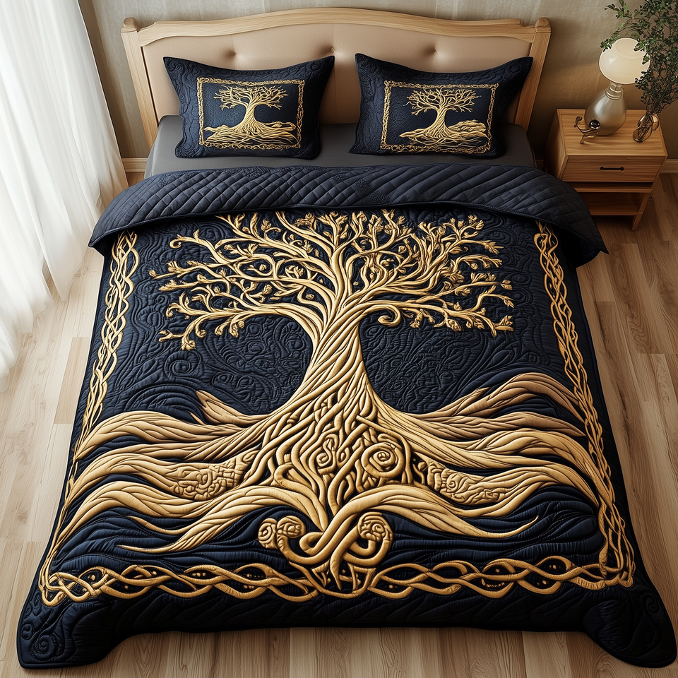 Eternal Tree Of Life Woven Rope Roots quilted bedding set, quilt and two pillow shams on a made bed