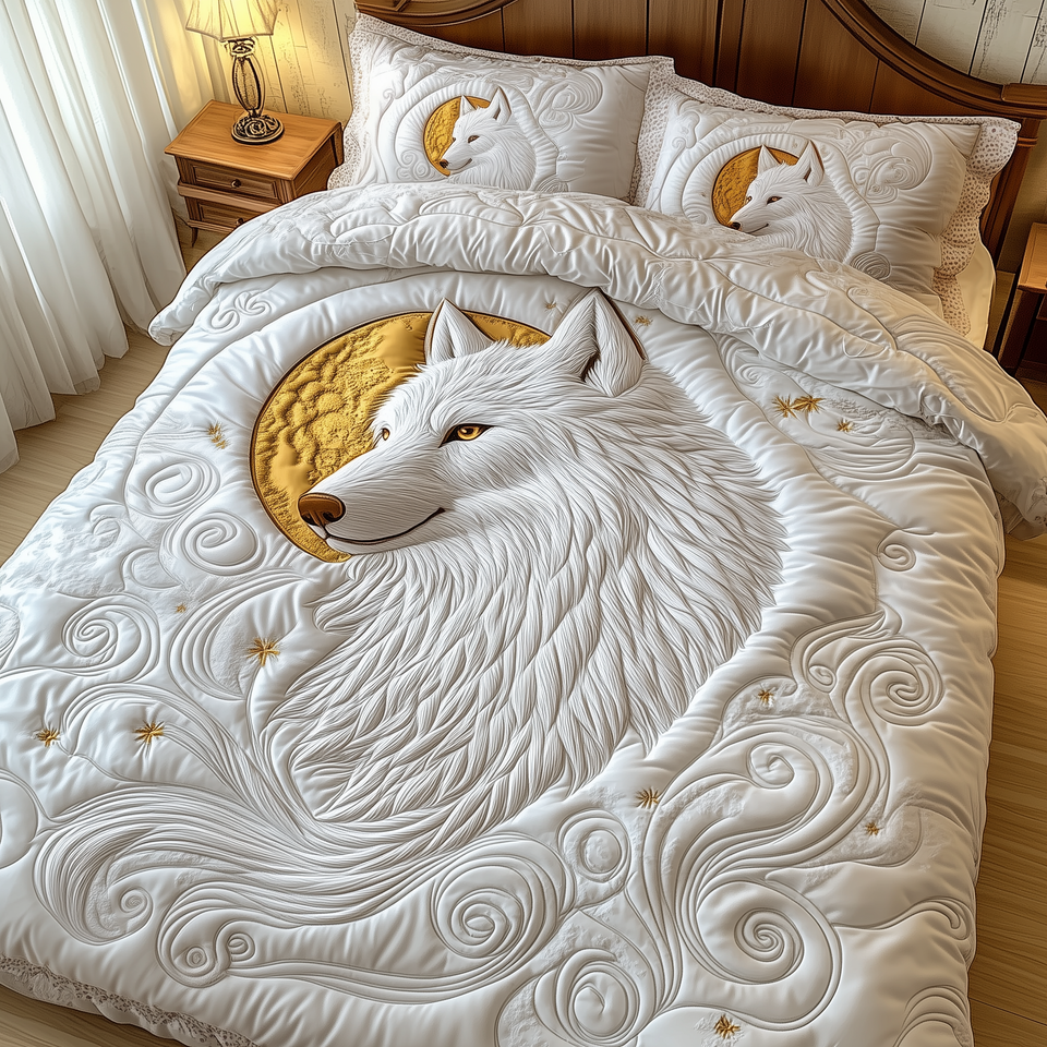 Ethereal White Wolf Curled In White Swirls quilted bedding set, quilt and two pillow shams on a made bed