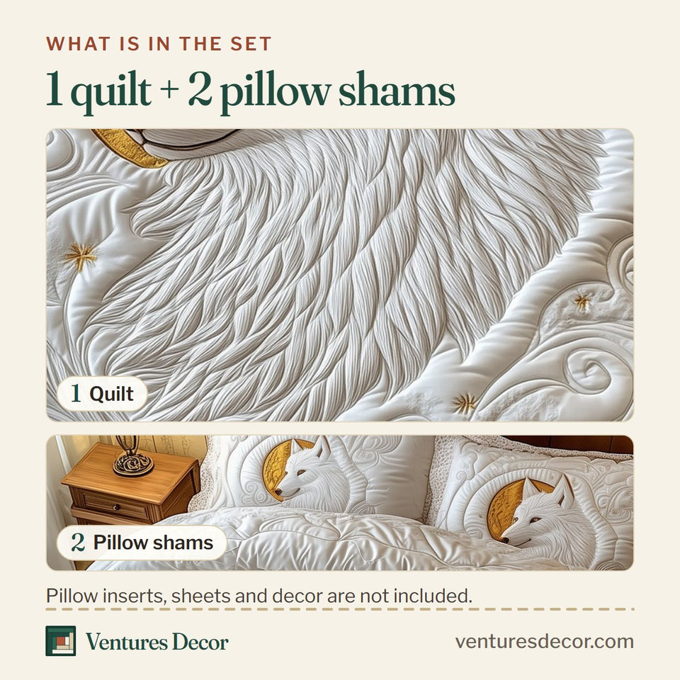 What is in the set: one quilt and two pillow shams, shown in the Ethereal White Wolf Curled In White Swirls design