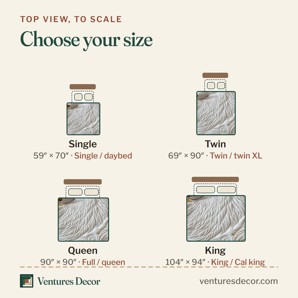 Size guide for the Ethereal White Wolf Curled In White Swirls quilt, top view to scale: Single 59 x 70 in, Twin 69 x 90 in, Queen 90 x 90 in, King 104 x 94 in