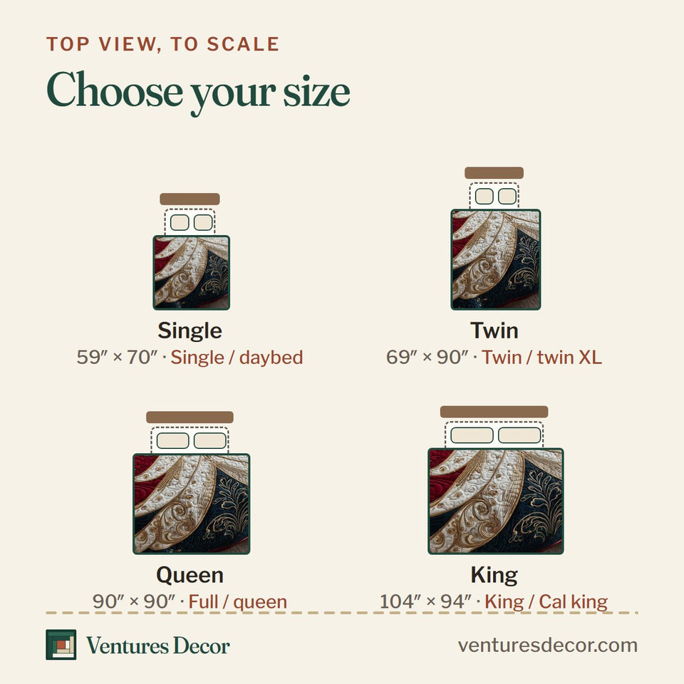 Size guide for the Evergreen Charm Red And Navy Feather Pine quilt, top view to scale: Single 59 x 70 in, Twin 69 x 90 in, Queen 90 x 90 in, King 104 x 94 in
