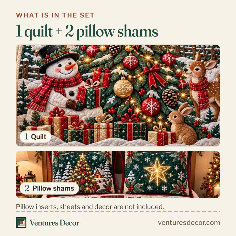 What is in the set: one quilt and two pillow shams, shown in the Evergreen Glow Holiday Bed Decor design