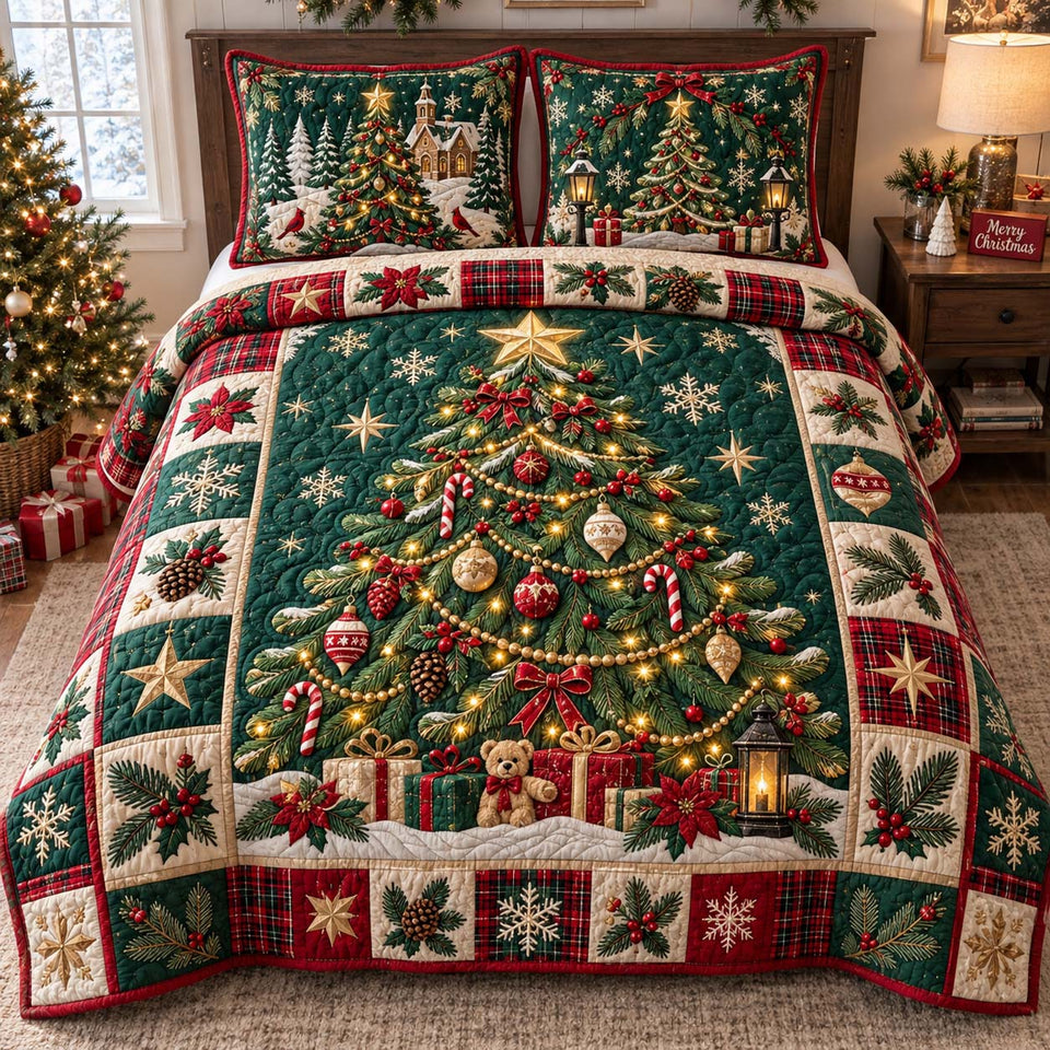 Evergreen Glow Patchwork Bedding quilted bedding set, quilt and two pillow shams on a made bed