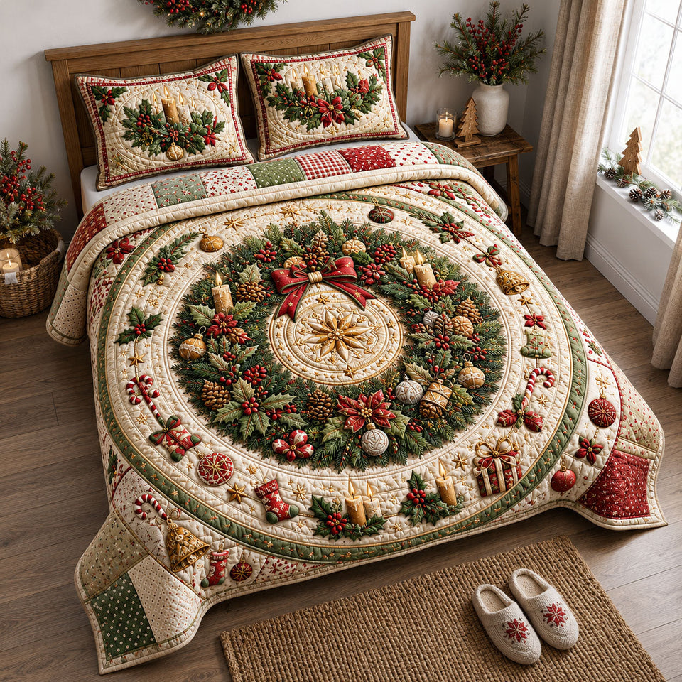 Evergreen Holiday Wreath quilted bedding set, quilt and two pillow shams on a made bed