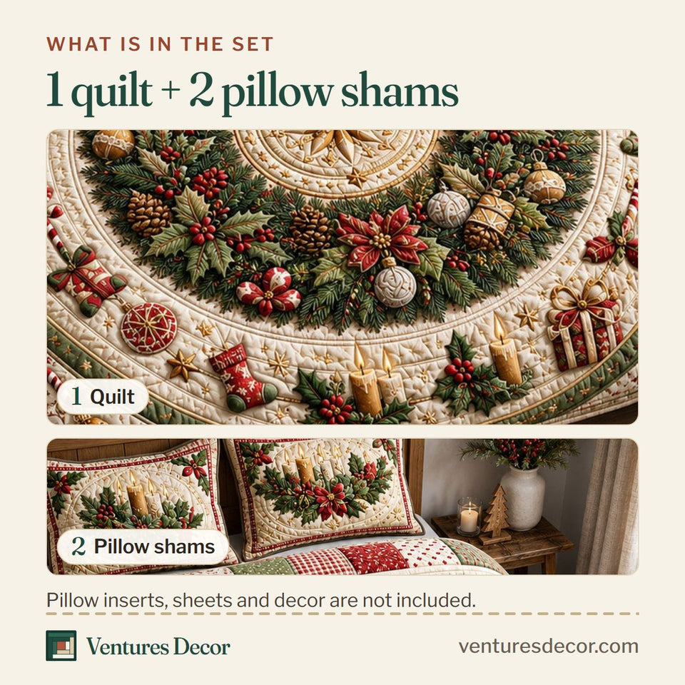 What is in the set: one quilt and two pillow shams, shown in the Evergreen Holiday Wreath design