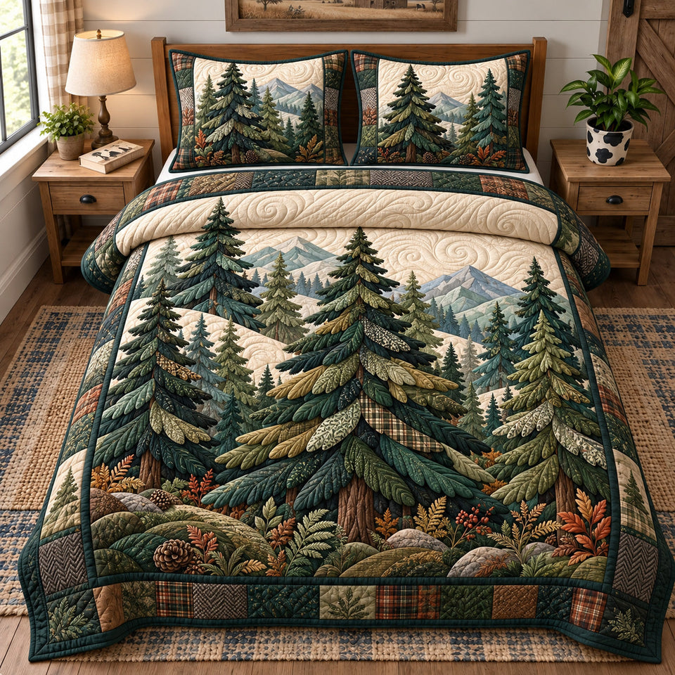 Evergreen Mountain quilted bedding set, quilt and two pillow shams on a made bed