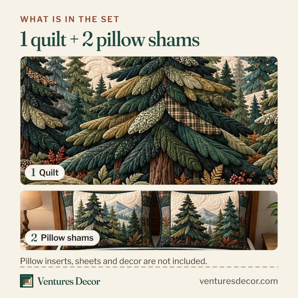 What is in the set: one quilt and two pillow shams, shown in the Evergreen Mountain Quilt Set, 3-Piece Quilted Bedding with 2 Pillow Shams design