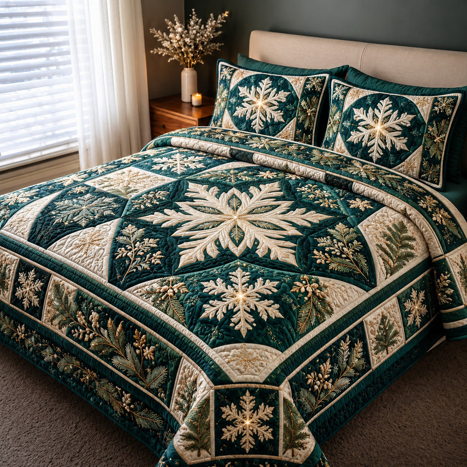 Evergreen Snowflake quilted bedding set, quilt and two pillow shams on a made bed