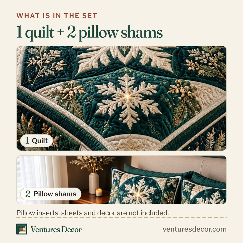 What is in the set: one quilt and two pillow shams, shown in the Evergreen Snowflake Quilt Set, 3-Piece Quilted Bedding with 2 Pillow Shams design