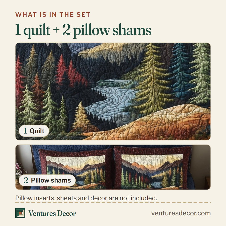 What is in the set: one quilt and two pillow shams, shown in the Evergreen Valley River design