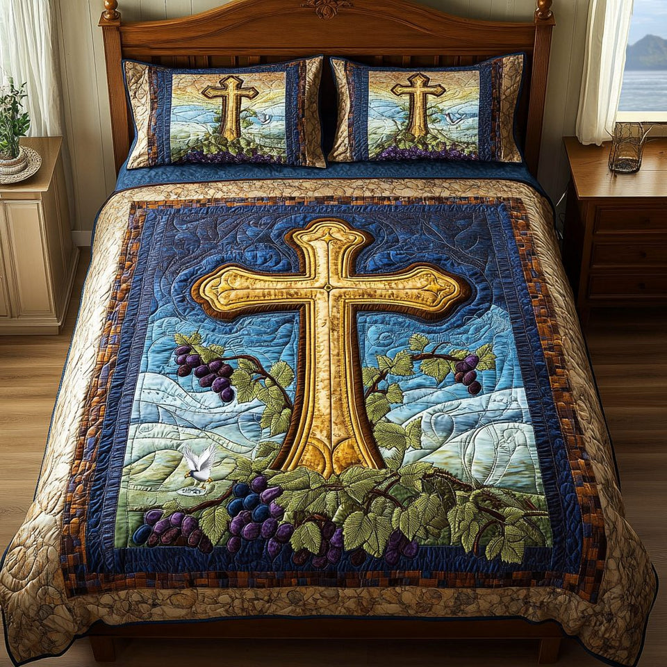 Everlasting Faith quilted 3-piece bedding set on a made bed in a softly lit bedroom
