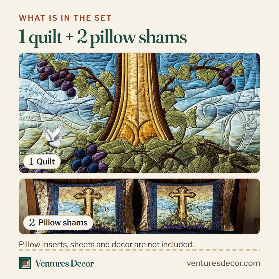 What is in the set: one quilt and two pillow shams, shown in the Everlasting Faith design