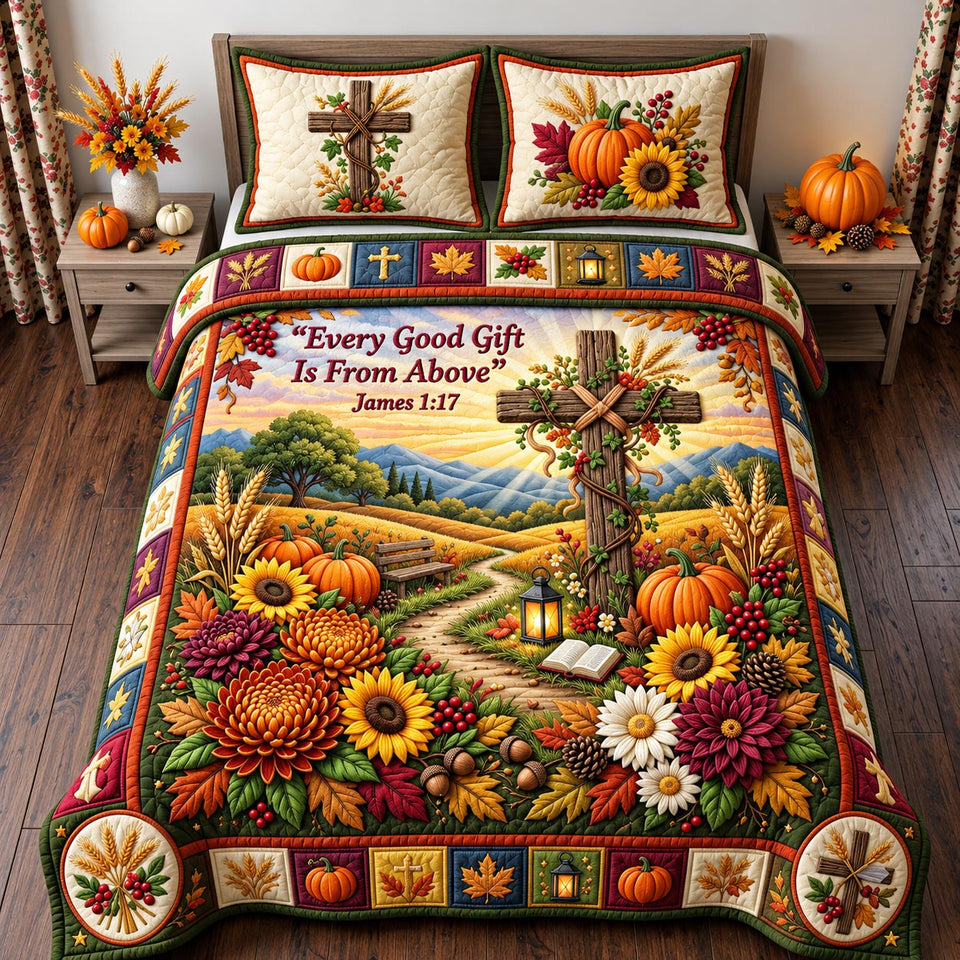 Every Good Gift Harvest quilted bedding set, quilt and two pillow shams on a made bed