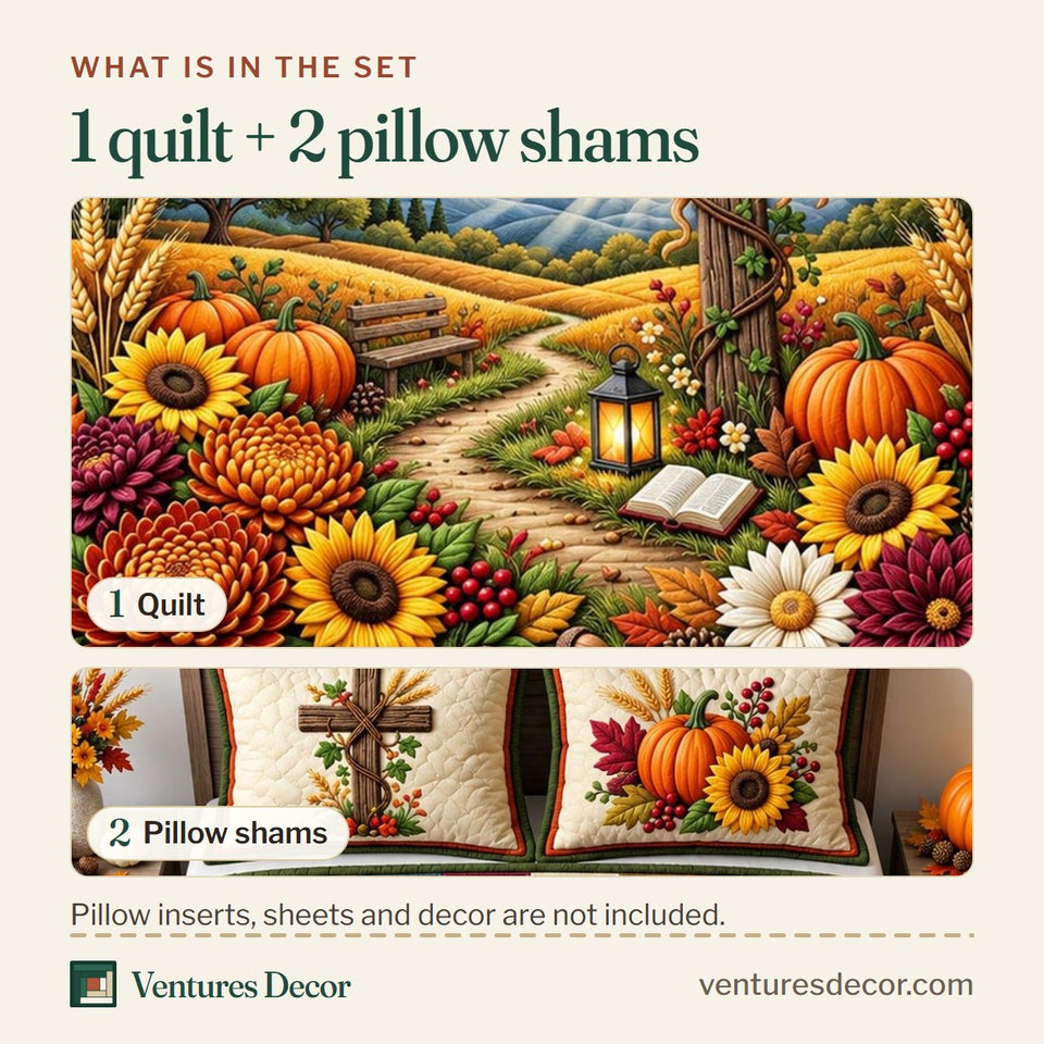 What is in the set: one quilt and two pillow shams, shown in the Every Good Gift Harvest design