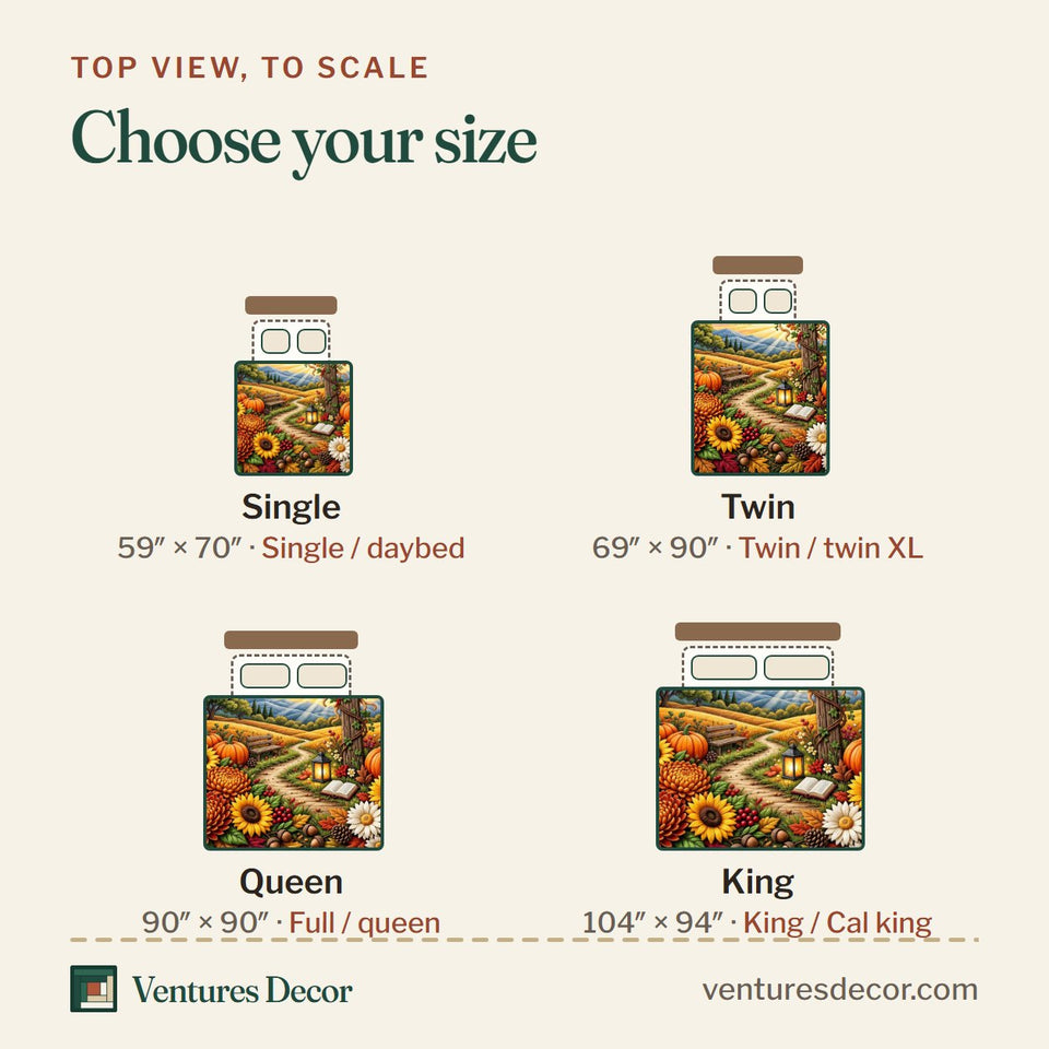 Size guide for the Every Good Gift Harvest quilt, top view to scale: Single 59 x 70 in, Twin 69 x 90 in, Queen 90 x 90 in, King 104 x 94 in