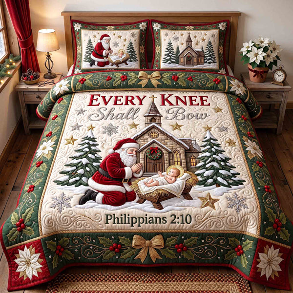 Every Knee Shall Bow quilted bedding set, quilt and two pillow shams on a made bed