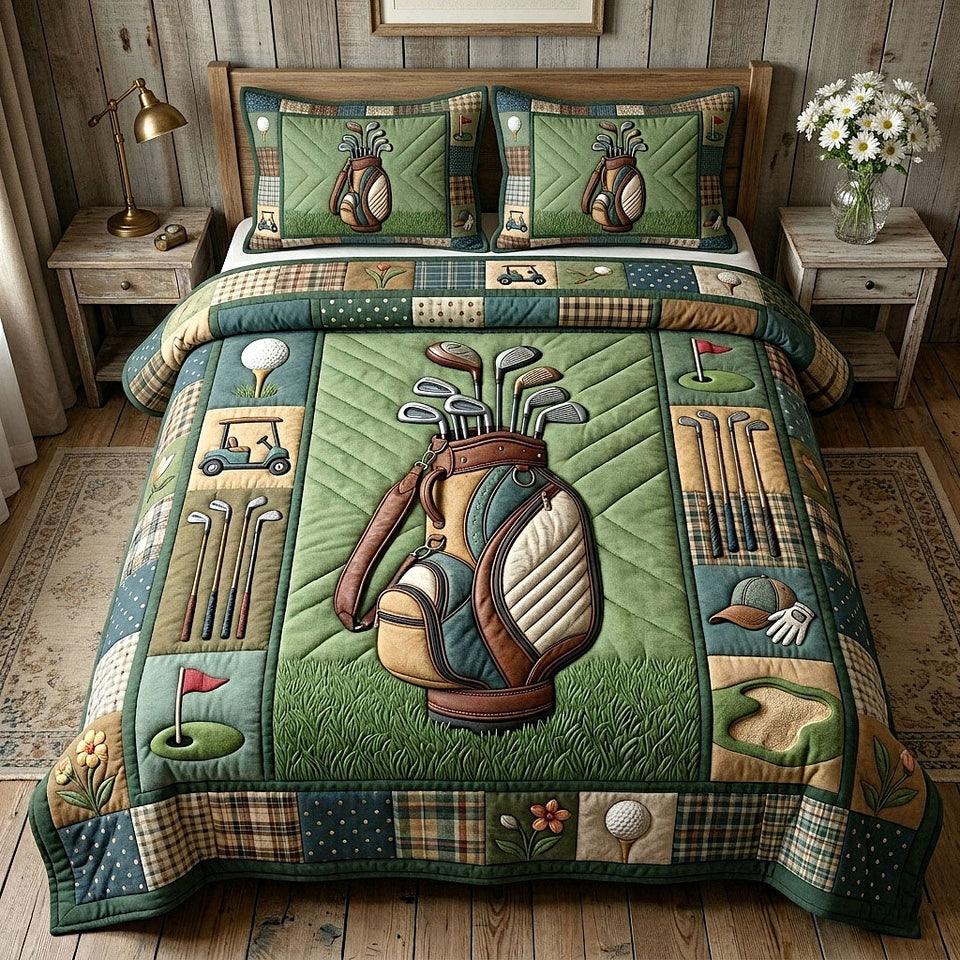 Fairway Club Leather Bag And Clubs On Plaid quilted bedding set, quilt and two pillow shams on a made bed